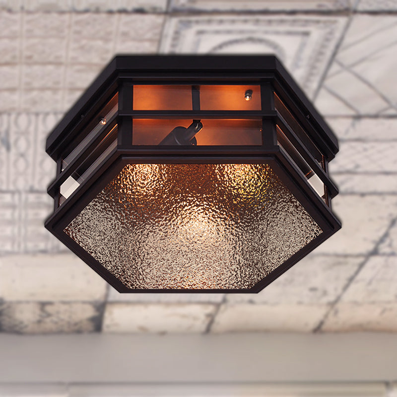 Metal Hexagon Shaped Flush Light Farmhouse 2/3 Lights Black Ceiling Flush Mount with Frosted Glass Diffuser, 14"/17" W