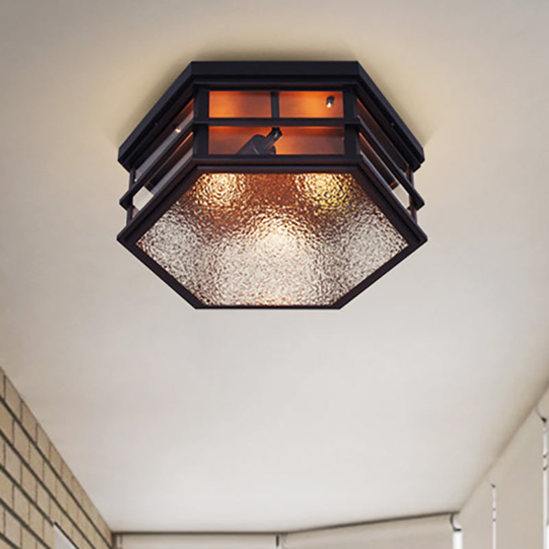 Metal Hexagon Shaped Flush Light Farmhouse 2/3 Lights Black Ceiling Flush Mount with Frosted Glass Diffuser, 14"/17" W