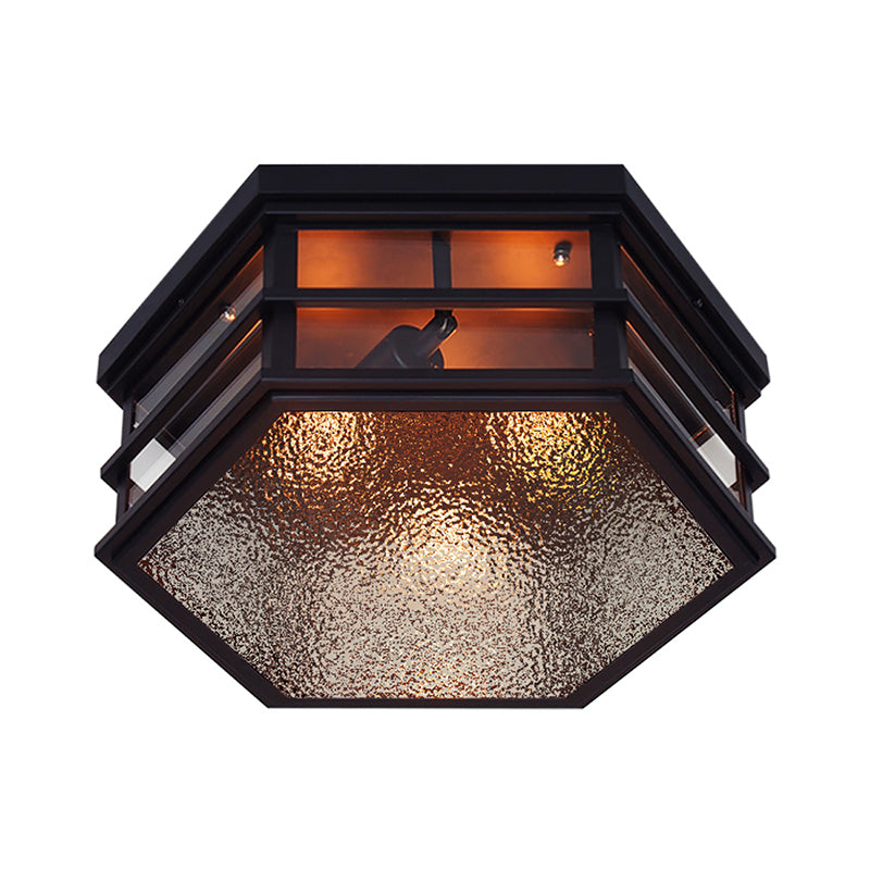 Sechseckförmige Metall-Unterputzleuchte für Bauernhaus, 2/3 Lichter, schwarze Deckeneinbauleuchte mit Milchglasdiffusor, 14"/17" B