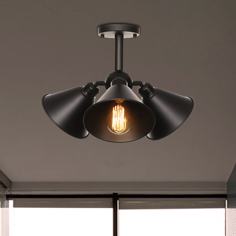 3 Heads Indoor Semi Flush Ceiling Light Vintage Style Black Ceiling Flush Mount with Cone/Saucer Metallic Shade