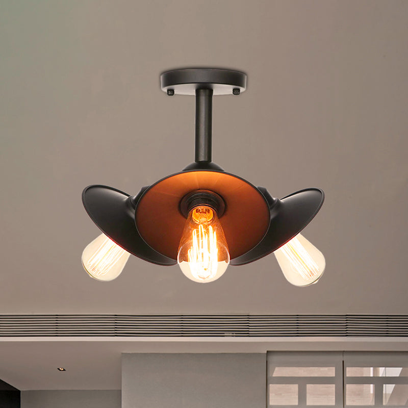 3 Heads Indoor Semi Flush Ceiling Light Vintage Style Black Ceiling Flush Mount with Cone/Saucer Metallic Shade