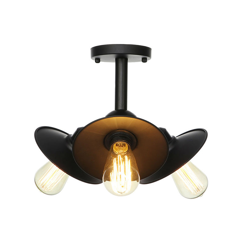 3 Heads Indoor Semi Flush Ceiling Light Vintage Style Black Ceiling Flush Mount with Cone/Saucer Metallic Shade