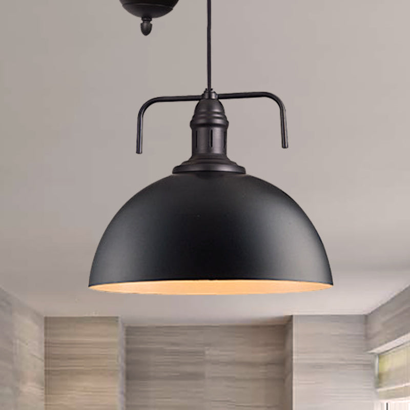 Black Dome Hanging Lighting Warehouse Style 1 Light Metallic Pendant Light Fixture with Pulley Design, 8"/12" Wide