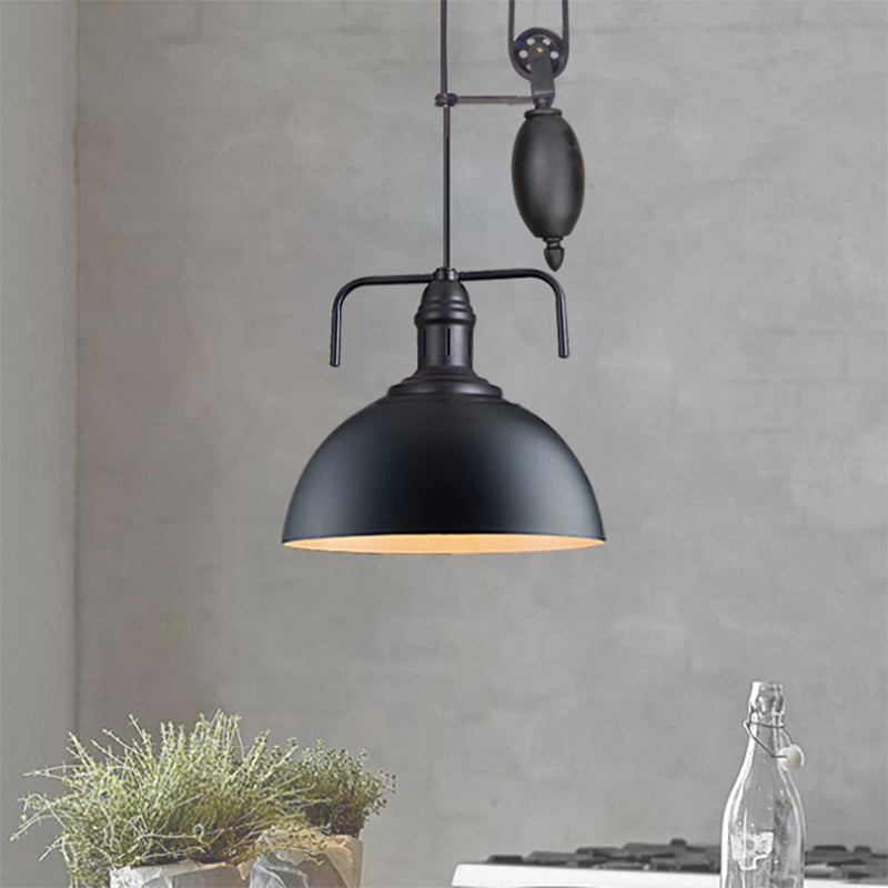 Black Dome Hanging Lighting Warehouse Style 1 Light Metallic Pendant Light Fixture with Pulley Design, 8"/12" Wide