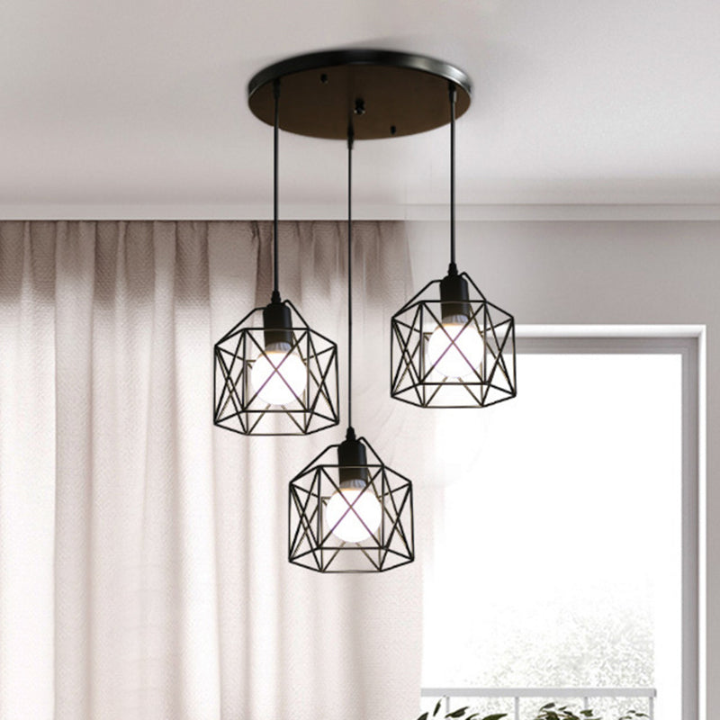 3 Lichter Birdcage Multi -Anhänger Einfacher Industriestil Metal Multi -Drop -Deckenlichter für das Restaurant