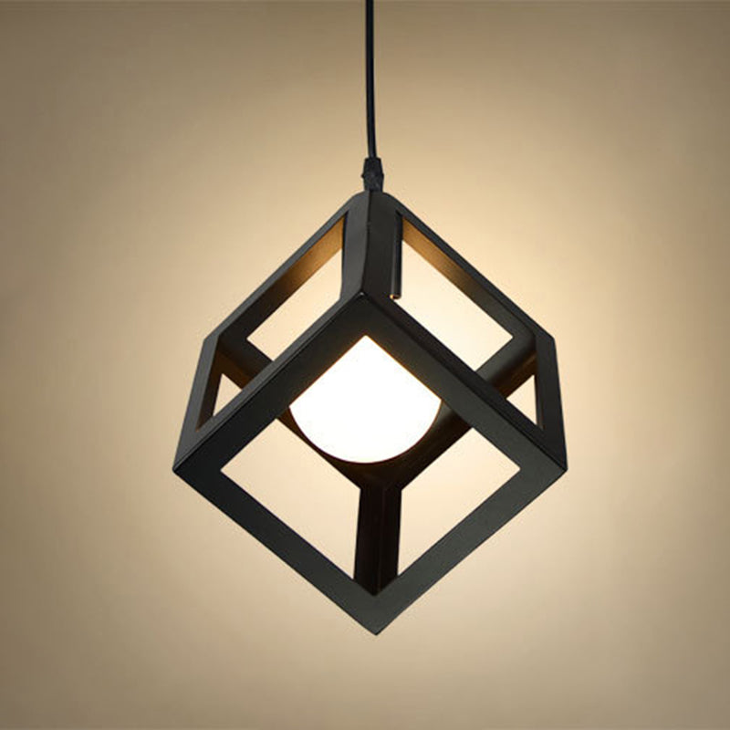 1 Light Square Cage Hanging Light Fixtures Creative Industrial Style Metallic Ceiling Light for Bar