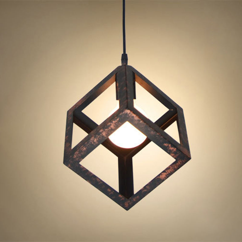 1 Light Square Cage Hanging Light Fixtures Creative Industrial Style Metallic Ceiling Light for Bar