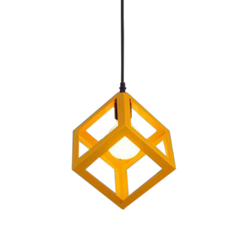 1 Light Square Cage Hanging Light Fixtures Creative Industrial Style Metallic Ceiling Light for Bar