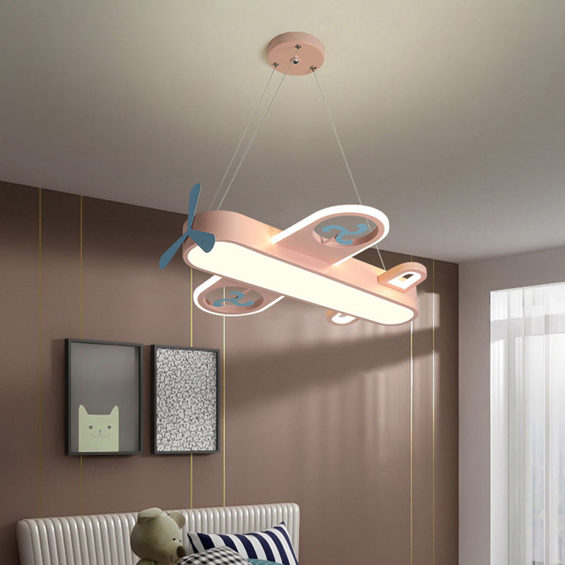 1 Light Airplane Shape Pendant Kids Metallic Drop Lamp with Round Canopy for Bedroom