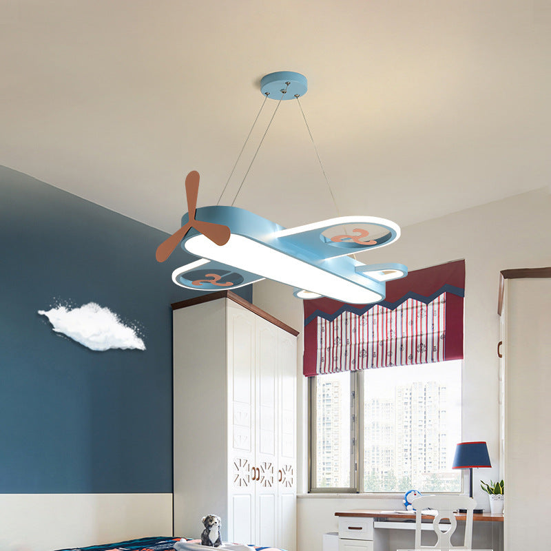 1 Light Airplane Shape Pendant Kids Metallic Drop Lamp with Round Canopy for Bedroom