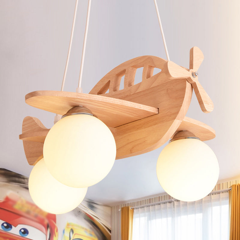 3 Lights Airplane Pendant Light Fixture Cartoon Wooden Suspension Pendant Light with Ball White Glass Shade