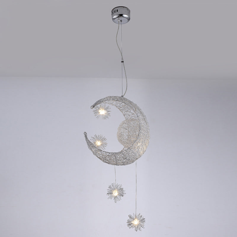 5 Lights Moon and Star Ceiling Suspension Lamp Kids Metallic Pendant Light Fixtures for Boys Girls Bedroom