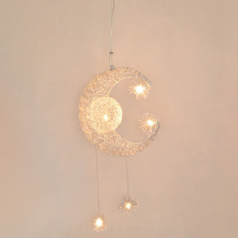 5 Lights Moon and Star Ceiling Suspension Lamp Kids Metallic Pendant Light Fixtures for Boys Girls Bedroom