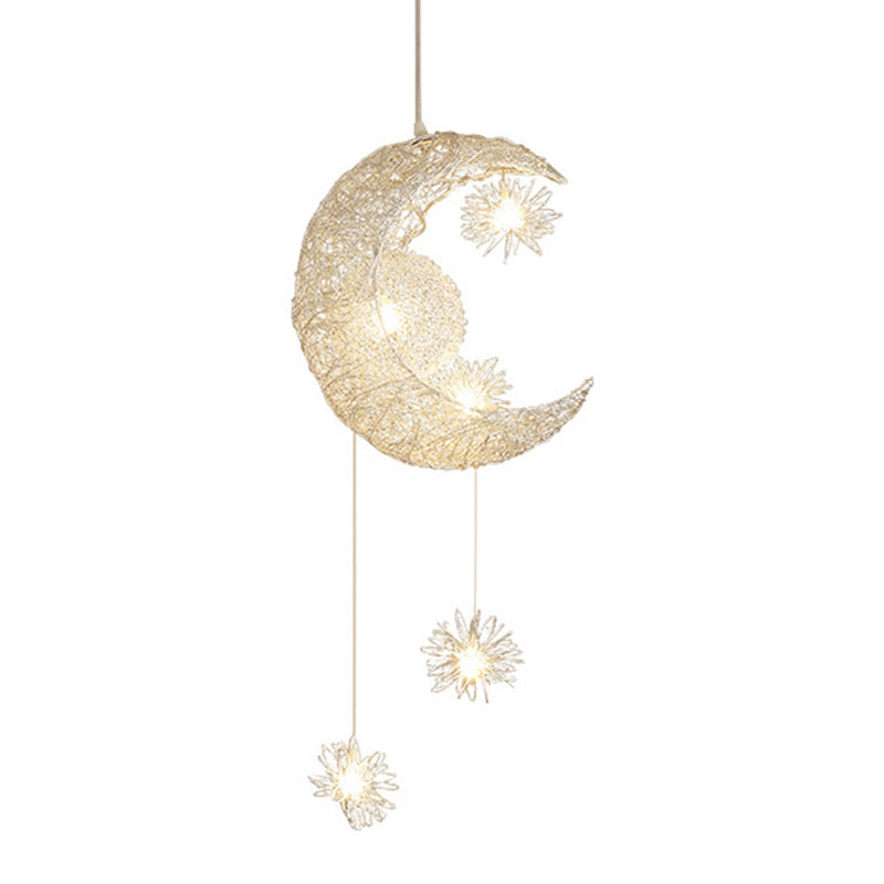 5 Lights Moon and Star Ceiling Suspension Lamp Kids Metallic Pendant Light Fixtures for Boys Girls Bedroom