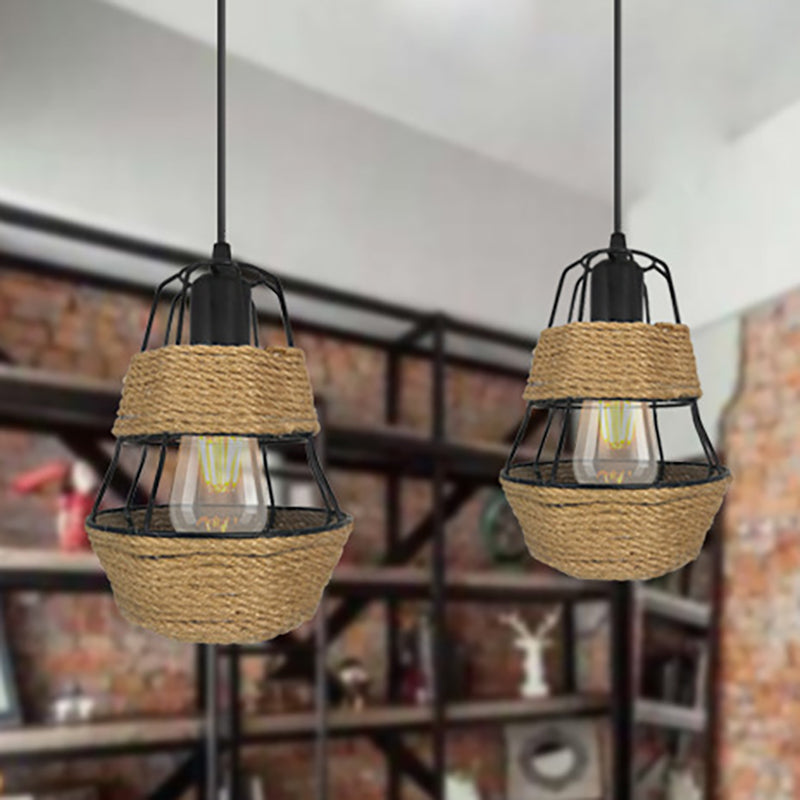 Black Wire Guard Suspension Light Lodge Style 1 Bulb Metal and Rope Pendant Ceiling Light for Living Room