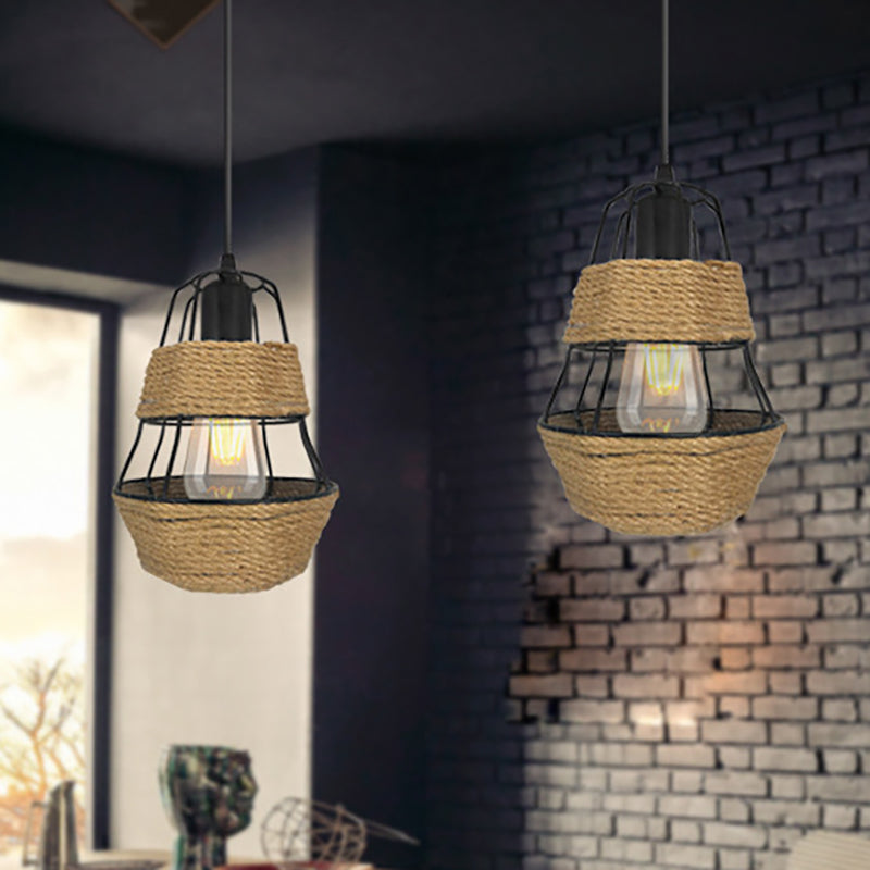 Black Wire Guard Suspension Light Lodge Style 1 Bulb Metal and Rope Pendant Ceiling Light for Living Room