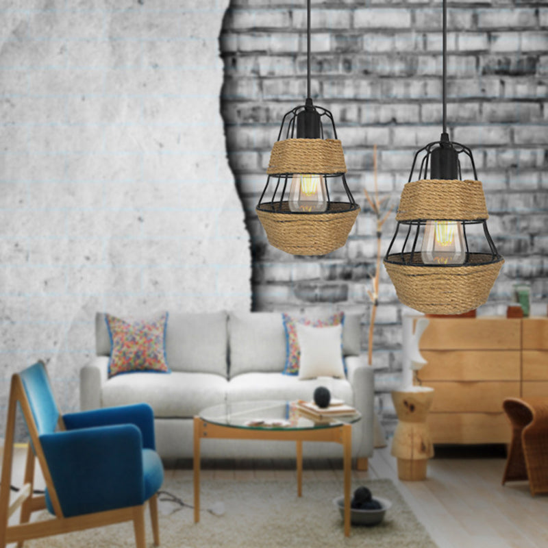 Black Wire Guard Suspension Light Lodge Style 1 Bulb Metal and Rope Pendant Ceiling Light for Living Room