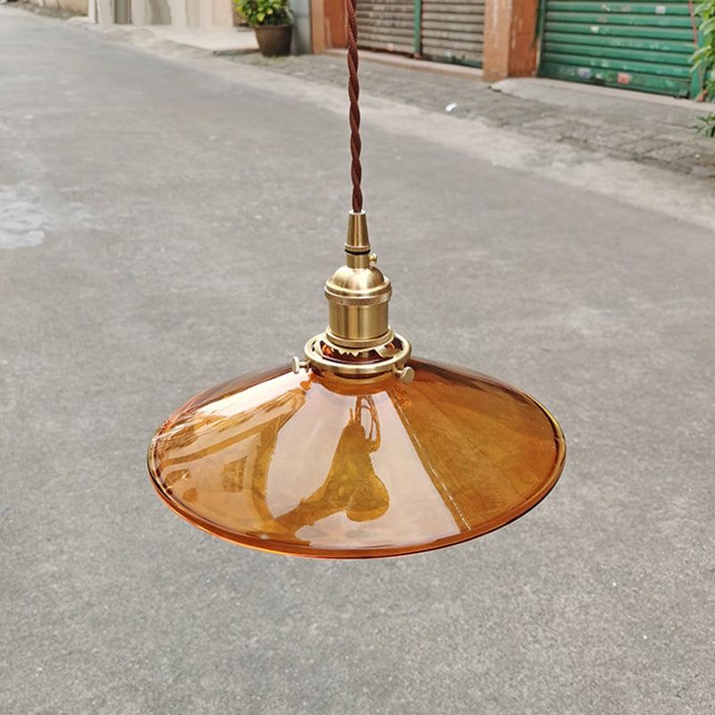 Brown 1 Light Pendant Retro Glass Shade Pan Pendant Light Fixtures for Living Room