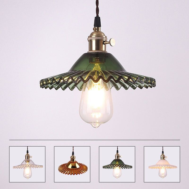 1-Light Scalloped Pendant Lamp Retro Industrial Style Lotus Glass Restaurant Hanging Lamp