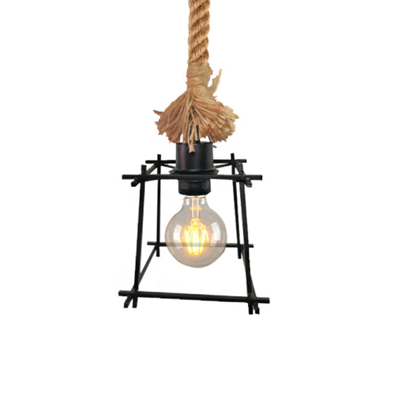 Metal Trapezoid Cage Ceiling Light Retro Style 1 Bulb Black Pendant Lamp with Adjustable Rope for Living Room