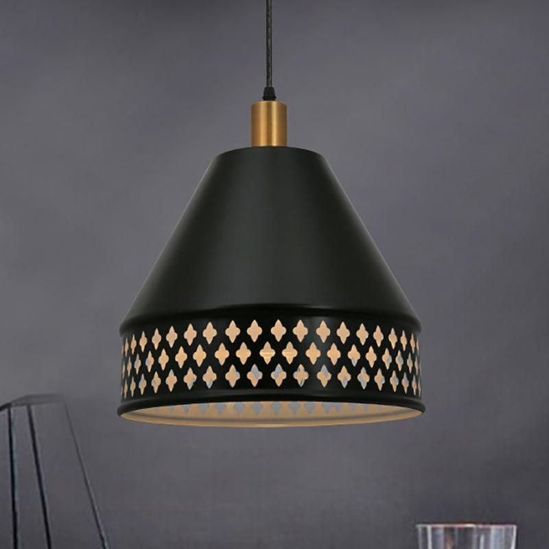 Luminaire suspendu conique Style industriel métal 1 tête d'éclairage pendentif noir avec design creux