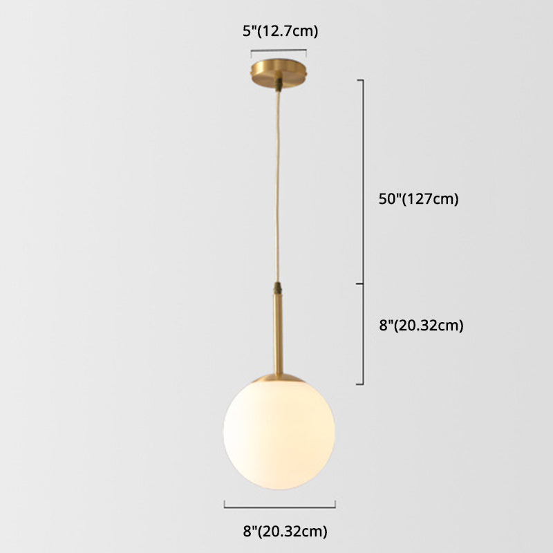 Brass 1-Light Pendant Light Mid-Century Modern Spherical White Glass Hanging Lamp