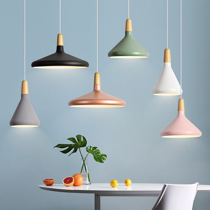 Modern Minimalist Wooden Top Pendant Light Metal Colorful Macarons 1-Light Pendant Lighting