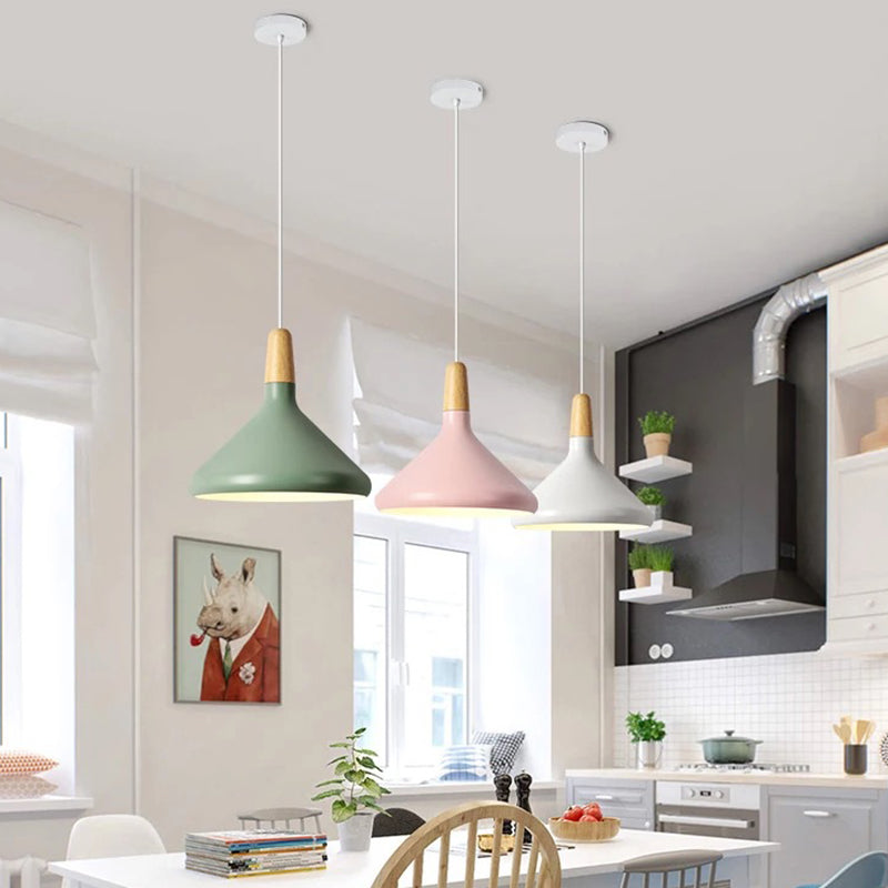 Modern Minimalist Wooden Top Pendant Light Metal Colorful Macarons 1-Light Pendant Lighting