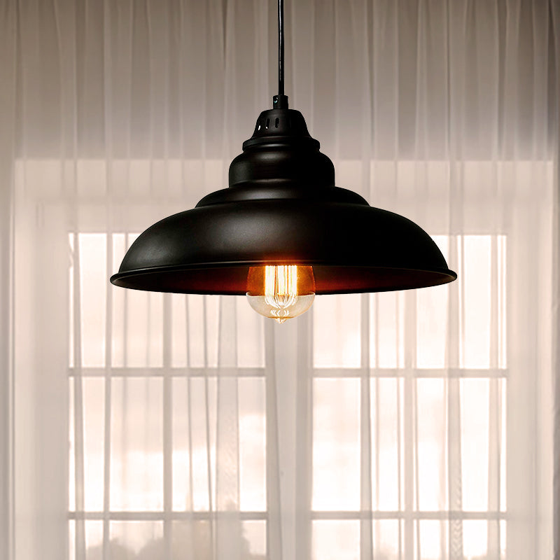 1 Light Dining Room Suspension Light Industrial Style Black Hanging Lighting with Bowl Metallic Shade