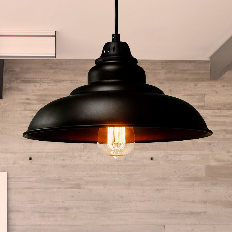 1 Light Dining Room Suspension Light Industrial Style Black Hanging Lighting with Bowl Metallic Shade