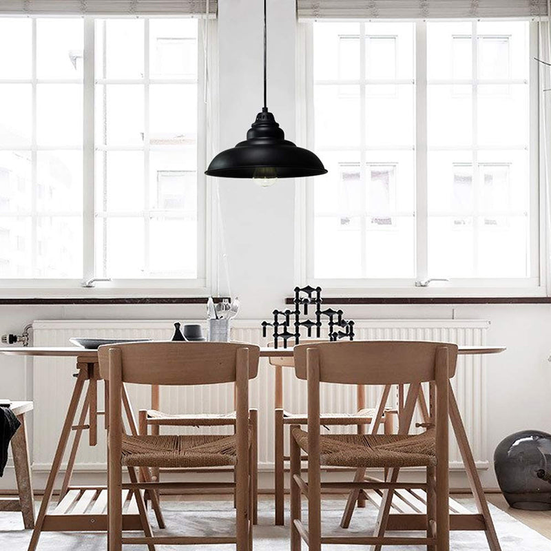 1 Light Dining Room Suspension Light Industrial Style Black Hanging Lighting with Bowl Metallic Shade