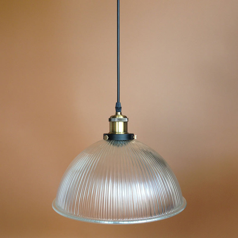 Bowl Pendant Light Industrial 1 Light Ribbed  Clear Glass Restaurant Hanging Lamp