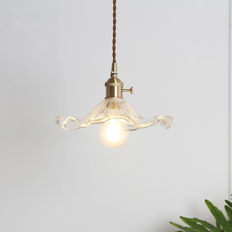 Vintage Scalloped Hanging Light with Textured Glass Shade 1 Light Pendant Lamp in Polished Brass