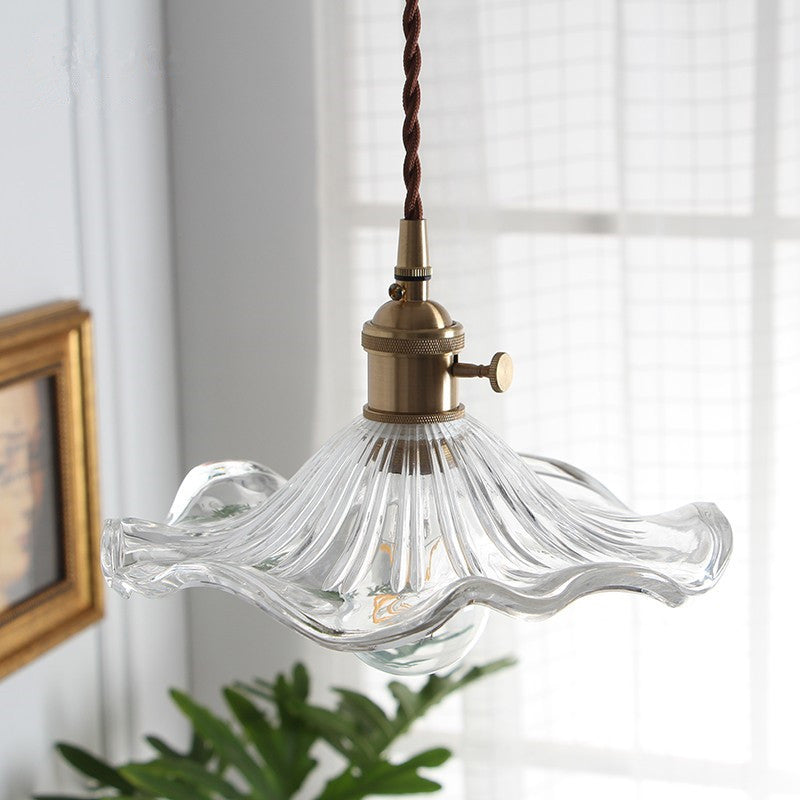 Vintage Scalloped Hanging Light with Textured Glass Shade 1 Light Pendant Lamp in Polished Brass