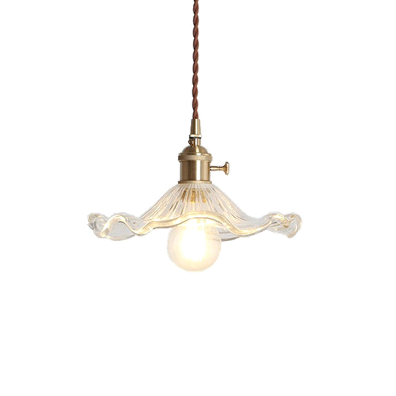 Vintage Scalloped Hanging Light with Textured Glass Shade 1 Light Pendant Lamp in Polished Brass