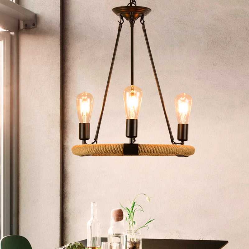 Roped Circular Chandelier Pendant Light Vintage Style 3 Lights Hanging Light with Open Bulb in Black Finish