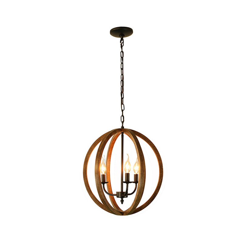 Wooden Spherical Hanging Fixture Loft Industrial 3 Lights Chandelier Pendant Light in Brown for Dining Room