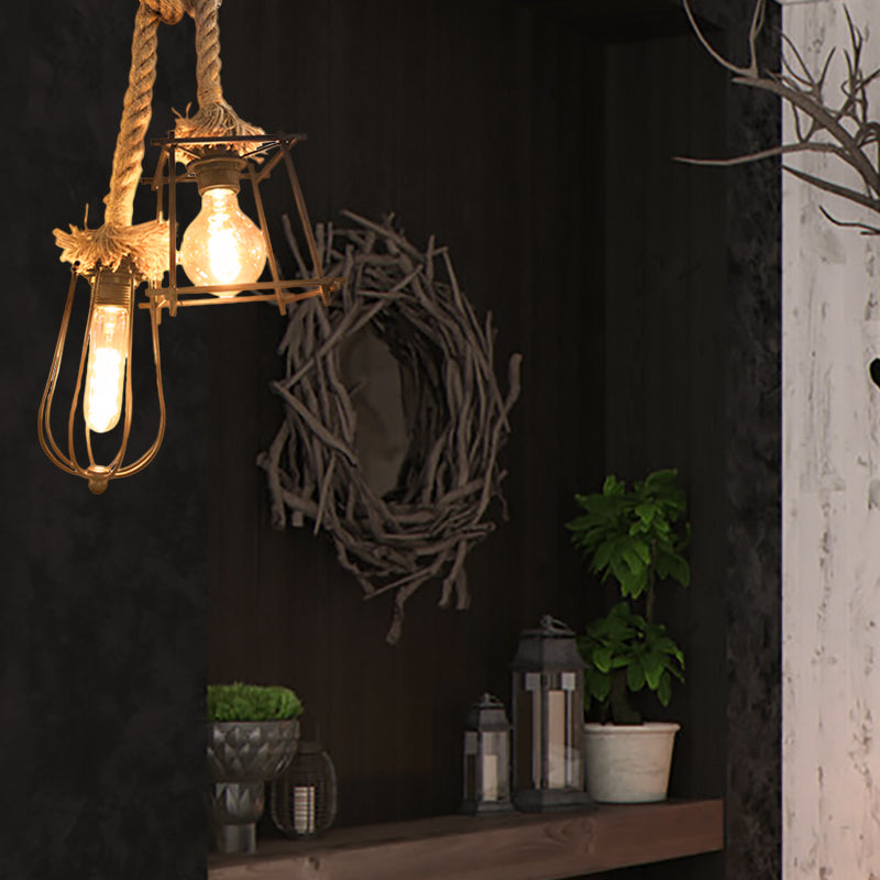 Black Caged Ceiling Fixture Lodge Style 2 Lights Metal and Rope Hanging Lighting with Different Shade for Hallway