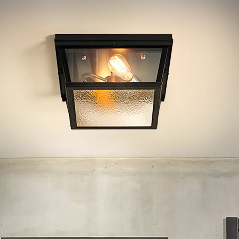 Industrial Quadrato Flush Massimale Fixture Frosted Glass 2 Luci Corridoio Flushmonte Lampada in Nero