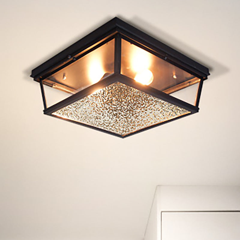 Industrial Squared Flush Ceiling Fixture Frosted Glass 2 Lights Corridor Flushmount Lamp in Black