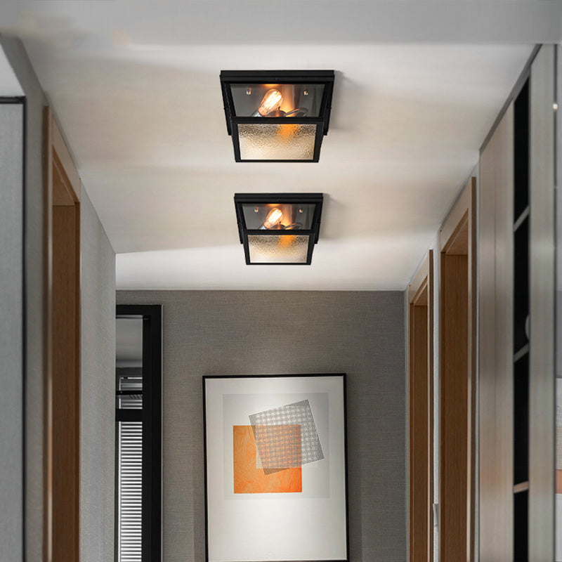 Industrial Quadrato Flush Massimale Fixture Frosted Glass 2 Luci Corridoio Flushmonte Lampada in Nero