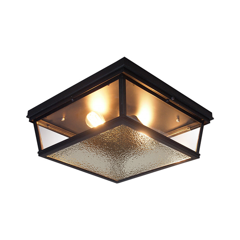 Industrial Squared Flush Ceiling Fixture Frosted Glass 2 Lights Corridor Flushmount Lamp in Black