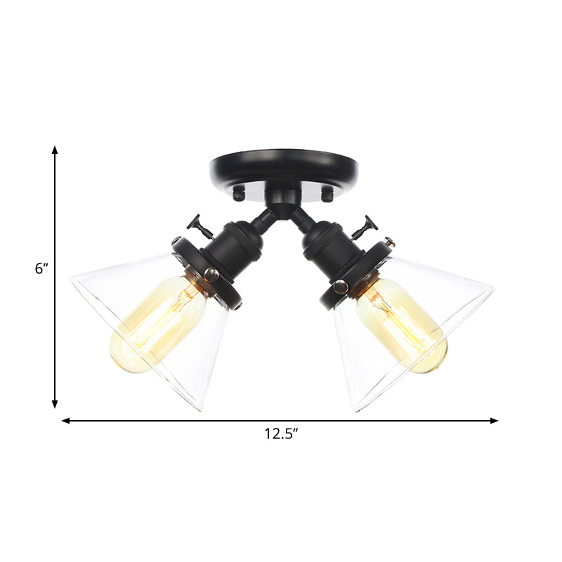 2 Heads Restaurant Ceiling Light Fixture Vintage Style Black/Bronze Semi Flush Mount Light with Conic Amber/Clear Glass Shade