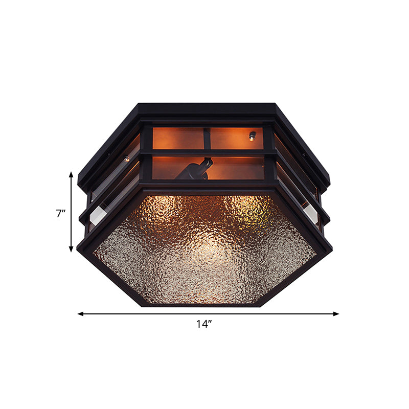 Metal Hexagon Shaped Flush Light Farmhouse 2/3 Lights Black Ceiling Flush Mount with Frosted Glass Diffuser, 14"/17" W