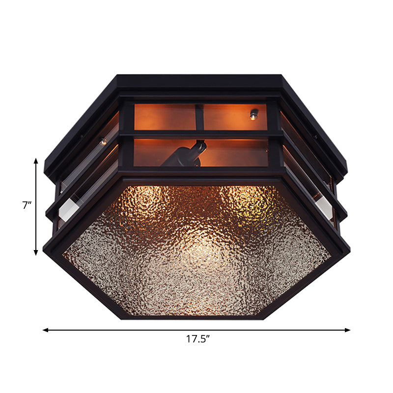 Sechseckförmige Metall-Unterputzleuchte für Bauernhaus, 2/3 Lichter, schwarze Deckeneinbauleuchte mit Milchglasdiffusor, 14"/17" B