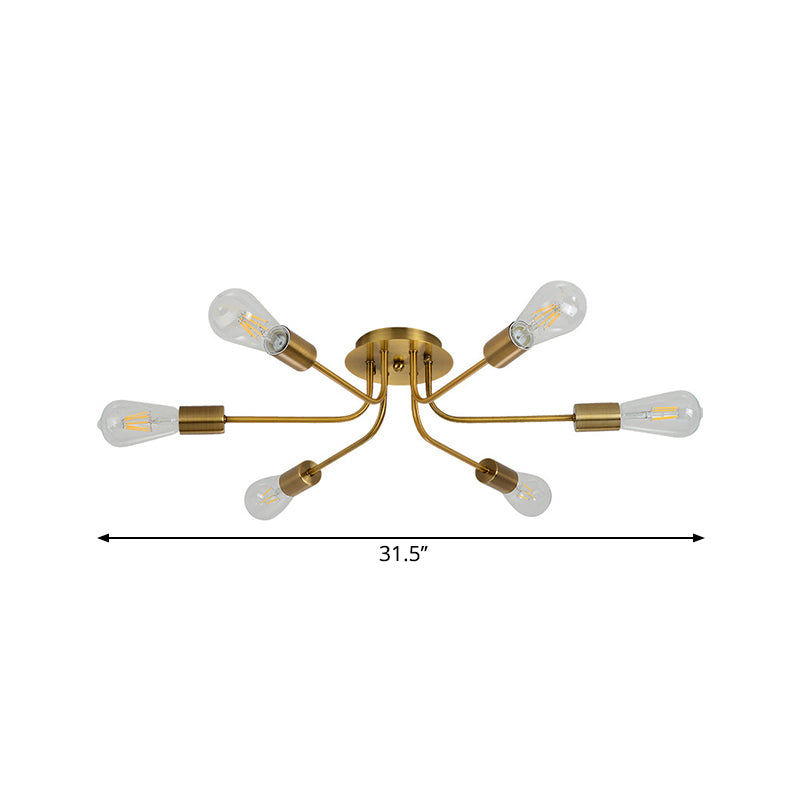 Rama de estilo industrial Semi Monte Iluminación Metálica 6 luces Montaje al ras del techo con bombilla expuesta en latón/níquel
