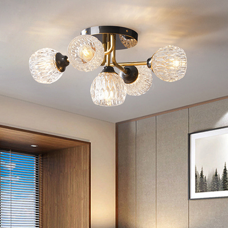 Bowl Semi Flush Chandelier Ultra-Contemporary 5 Lights Ribbed Glass Ceiling Light Fixtures for Bedroom