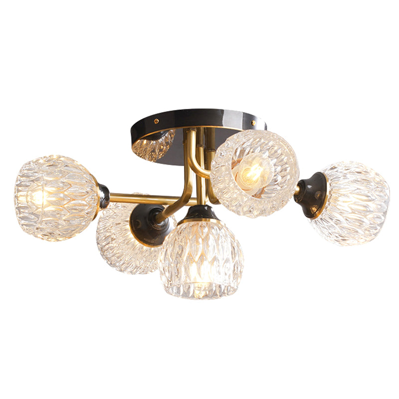 Bowl Semi Flush Chandelier Ultra-Contemporary 5 Lights Ribbed Glass Ceiling Light Fixtures for Bedroom