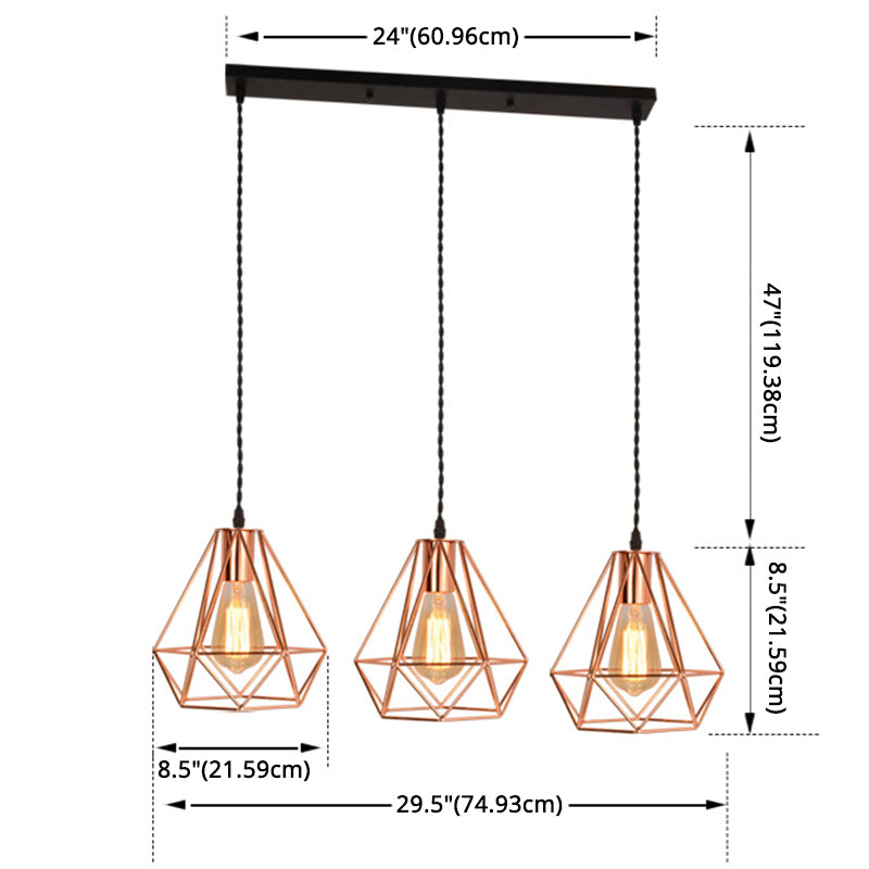 Diamond Iron Cluster Pendant Lighting Post-Modern Restaurant Hanging Lamp in Rose Gold