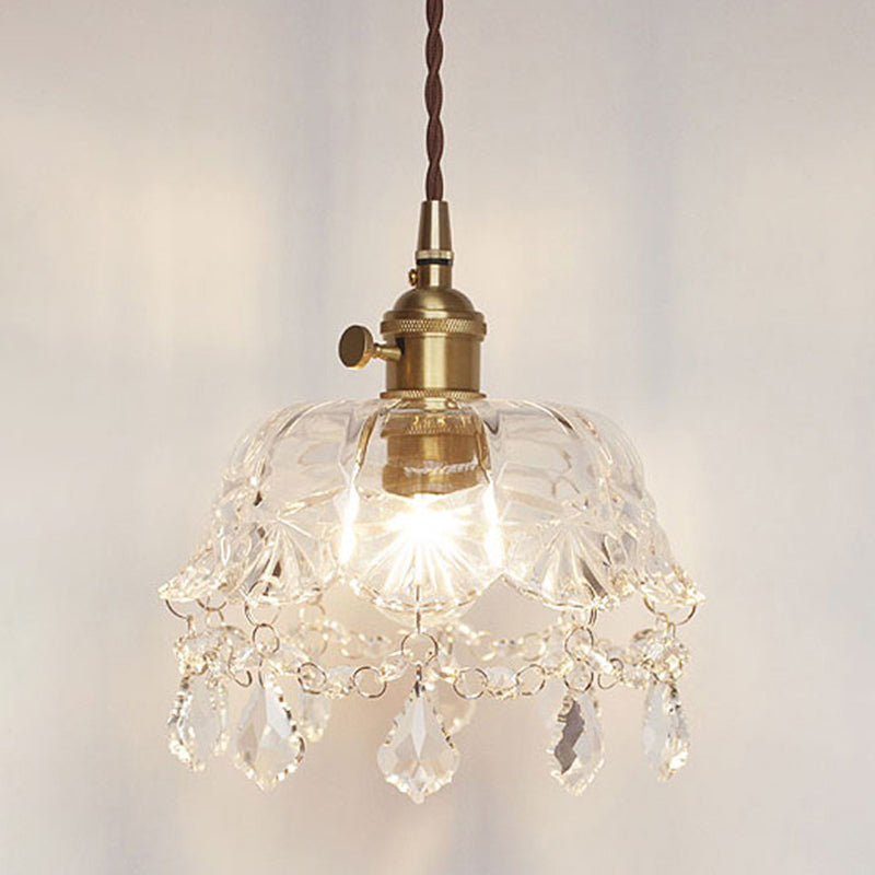 Flower Shape Shade Ceiling Pendant Lamp  Vintage 1 Light Clear Glass Hanging Light with Crystal Pendant